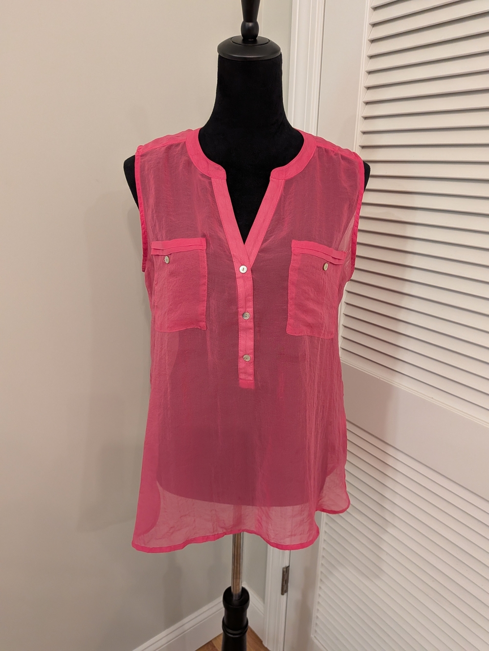 B#1: Women's Pink Sleeveless Sheer V-Neck Blouse Size PL (Petite)